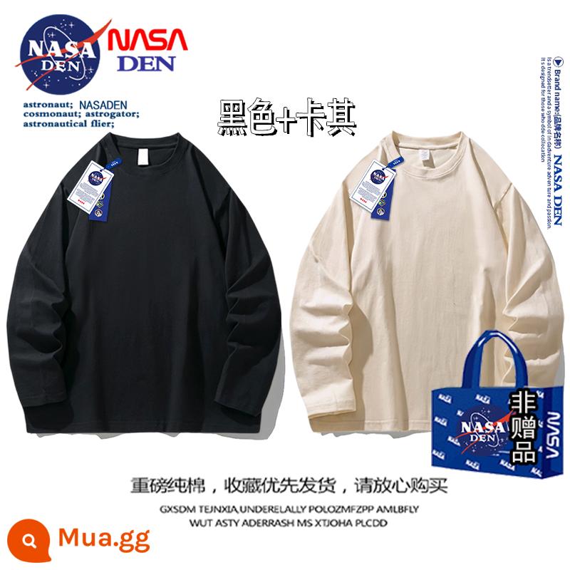 Áo thun nam dài tay hạng nặng của NASA mùa thu cotton nguyên chất cổ tròn dày cotton T rộng màu trơn đa năng áo sơ mi đáy quần dành cho nam - đen + kaki