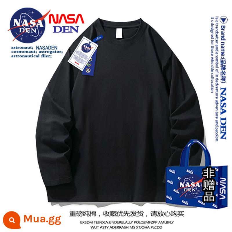 Áo thun nam dài tay hạng nặng của NASA mùa thu cotton nguyên chất cổ tròn dày cotton T rộng màu trơn đa năng áo sơ mi đáy quần dành cho nam - đen