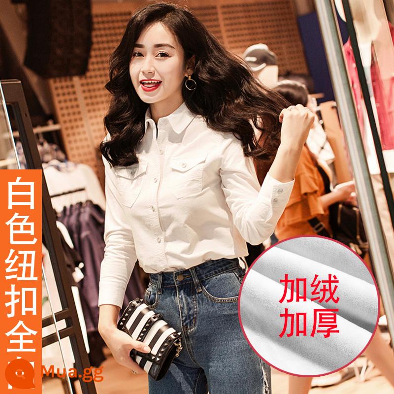 Áo sơ mi denim nữ phong cách thu đông dài tay cộng với nhung dày phong cách Hàn Quốc ôm sát thời trang áo sơ mi nữ thiết kế cảm giác thích hợp - Nút màu trắng, toàn màu trắng cộng với nhung