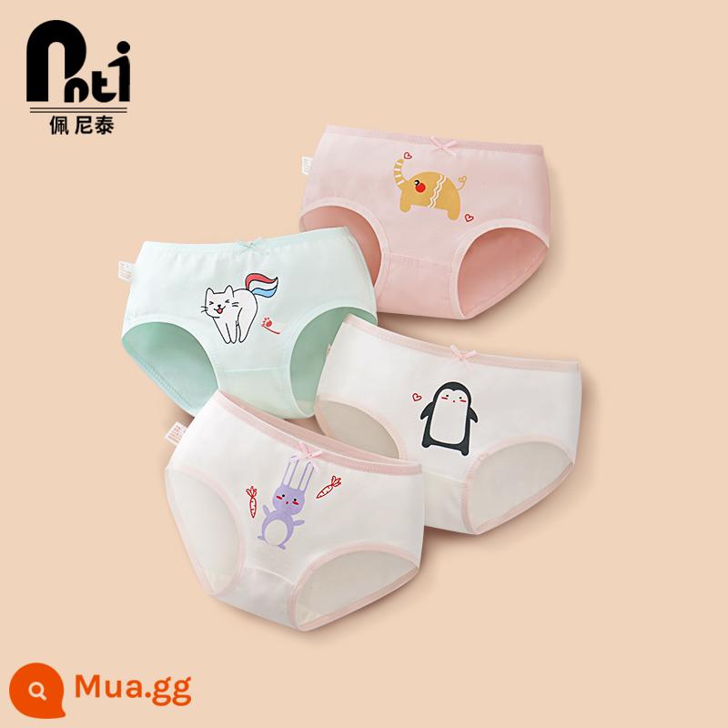 Quần lót trẻ em Penithai cotton nữ quần lót bé gái boxer tam giác quần đùi bé gái bé lớn không kẹp pp - Chim Cánh Cụt-Voi Con-Thỏ-Mèo Con (bộ tam giác bốn con)