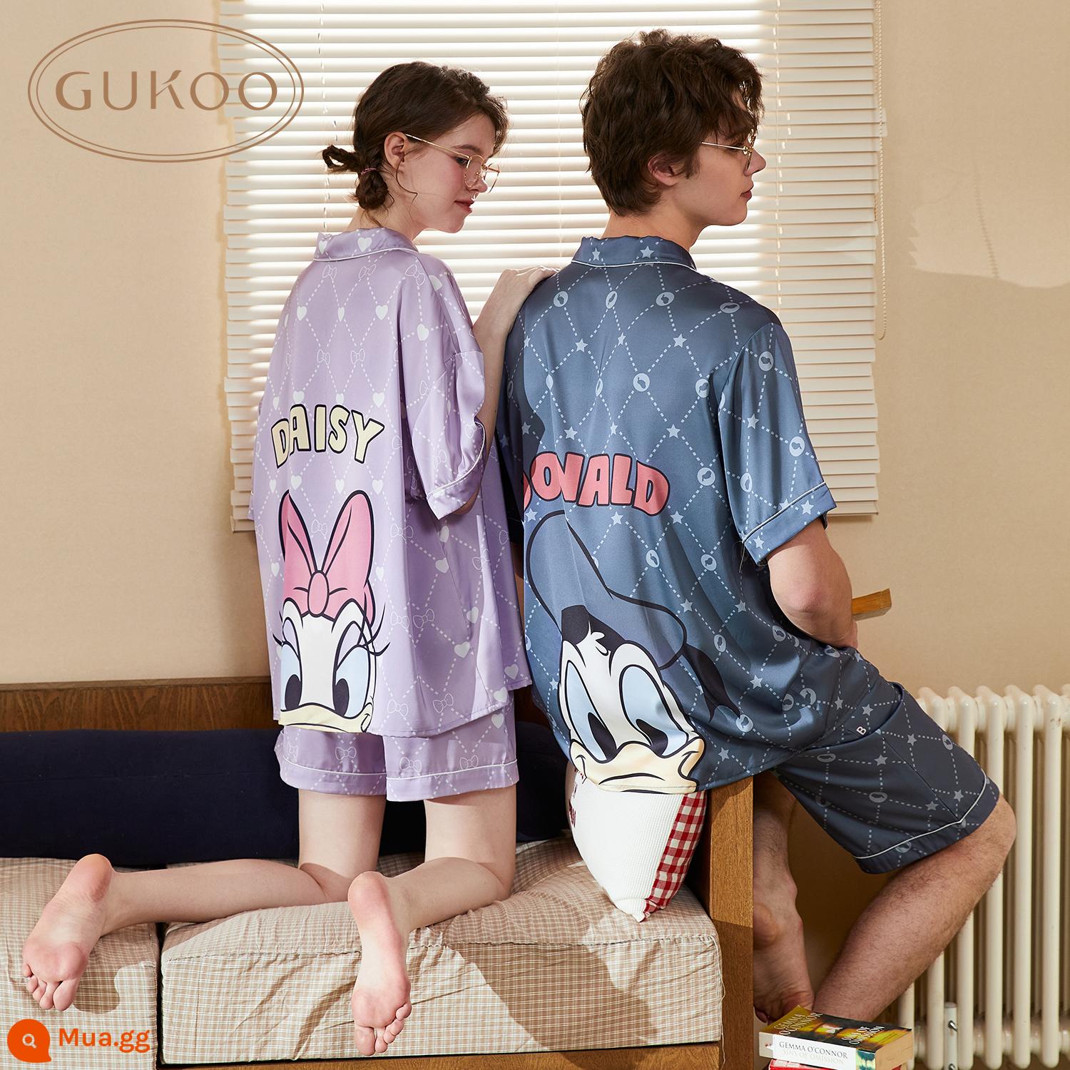 Gukoo/Nutshell Bộ Đồ Ngủ Cặp Đôi Disney Mùa Hè Băng Lụa Nữ Homewear Cổ Áo Sơ Mi Bộ Đồ Ngủ Nam B - Bộ đồ viễn thị màu tím