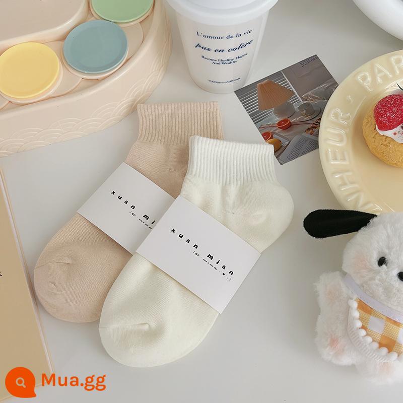 Vớ ống ngắn màu trơn mùa hè dành cho nữ cotton nguyên chất phần mỏng Sinh viên Nhật Bản thể thao màu vớ ngắn thể thao mùa xuân và mùa thu vớ ống giữa - Kem trà sữa