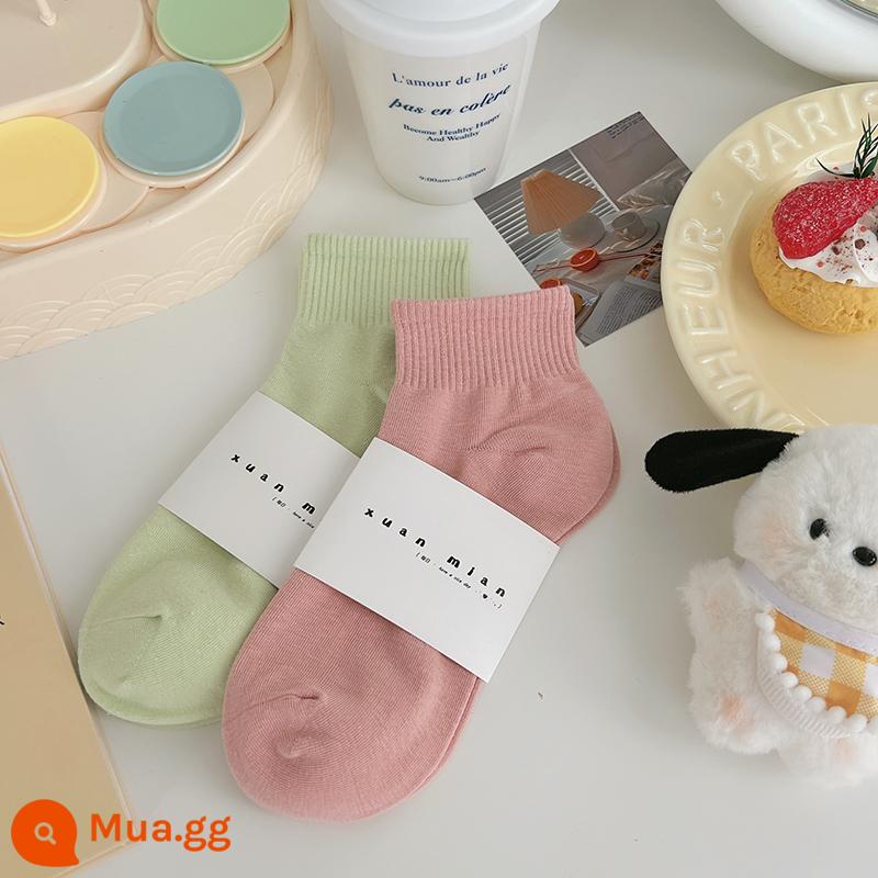 Vớ ống ngắn màu trơn mùa hè dành cho nữ cotton nguyên chất phần mỏng Sinh viên Nhật Bản thể thao màu vớ ngắn thể thao mùa xuân và mùa thu vớ ống giữa - Macaron xanh-hồng nữ tính