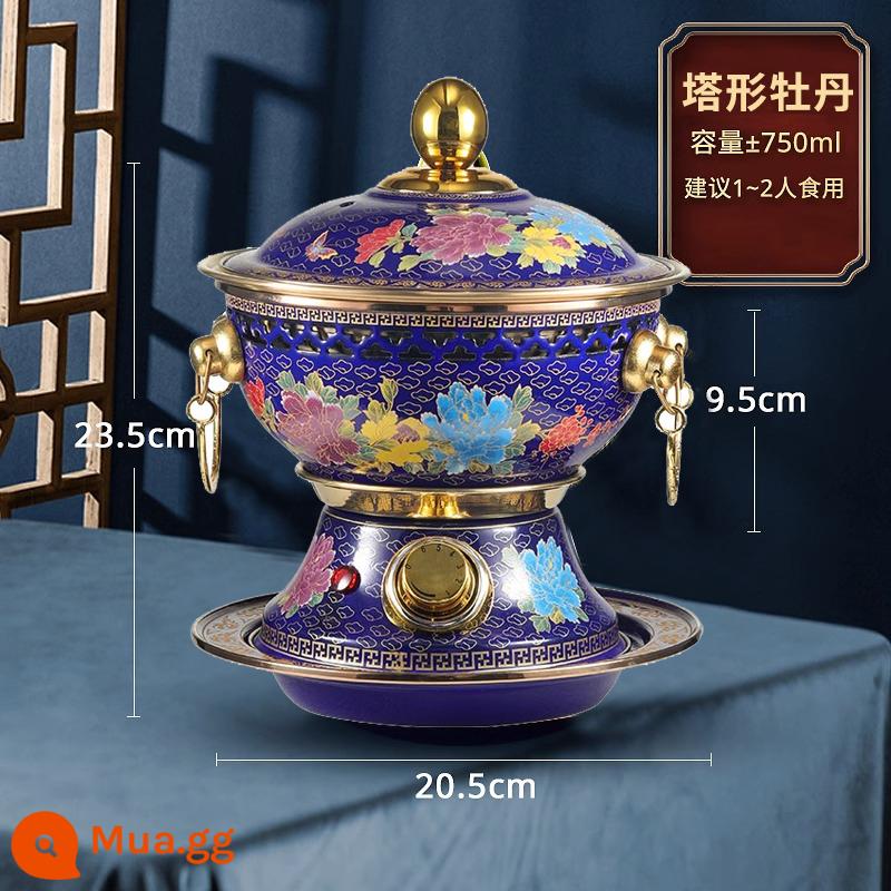 Lẩu đồng Cloisonne cũ Bắc Kinh đồng nguyên chất hộ gia đình thương mại đặc biệt plug-in một người một nồi bếp cồn nồi hơi lửa nhỏ - Lẩu đồng cắm vào loại tháp Cloisonné nhỏ 20,5 cm-[Phong cách hoa mẫu đơn dày]