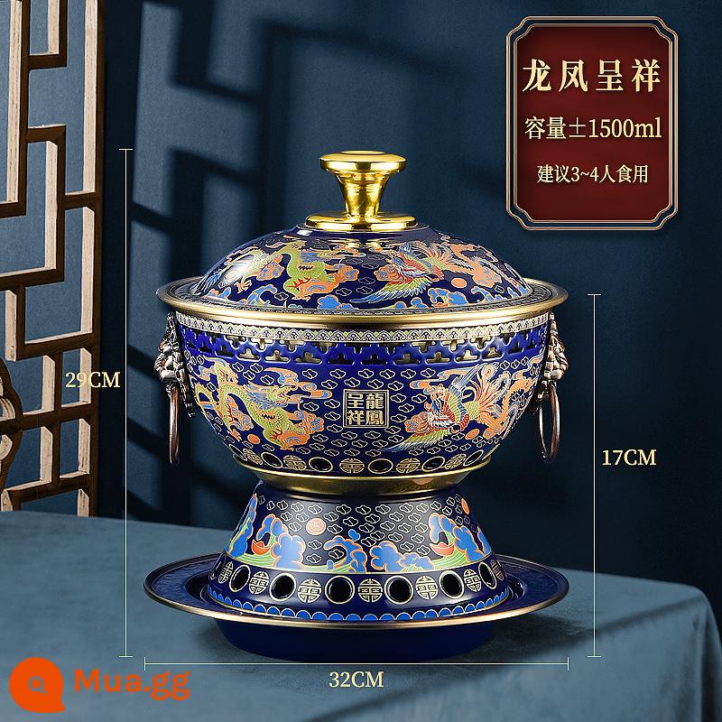 Lẩu đồng Cloisonne cũ Bắc Kinh đồng nguyên chất hộ gia đình thương mại đặc biệt plug-in một người một nồi bếp cồn nồi hơi lửa nhỏ - Lẩu đồng kiểu tháp cloisonné 25,5 cm-[đáy xanh đậm hình rồng phượng cát tường]