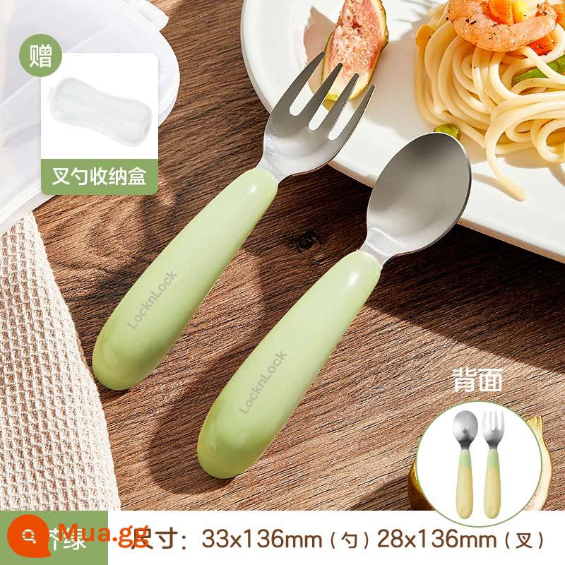 Lexiele Duck Storne Spoon Baby Spoon Baby Learning Muching Spoon Thép không gỉ Fork Fork Spoon Children Table - [Xanh mù tạt xanh] Nĩa + Muỗng (có hộp đựng)