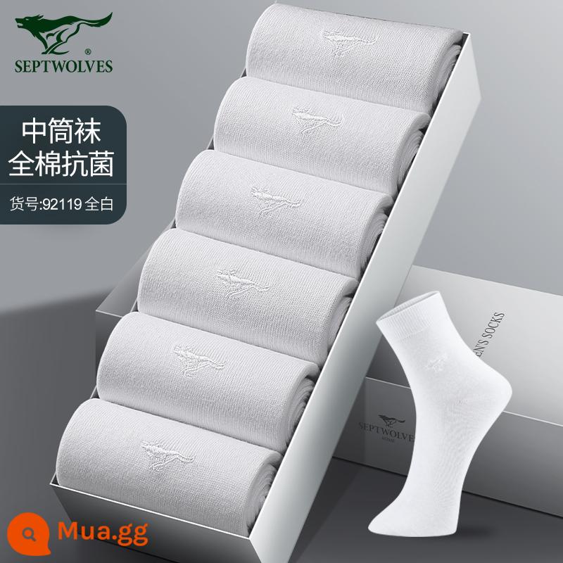 Vớ Septwolves nam ống giữa cotton nguyên chất khử mùi thấm mồ hôi thoáng khí thu đông kháng khuẩn vớ cotton vớ mỏng cho nam - Tất dài đến bắp chân cotton nguyên chất (kháng khuẩn và khử mùi) 92119 trắng