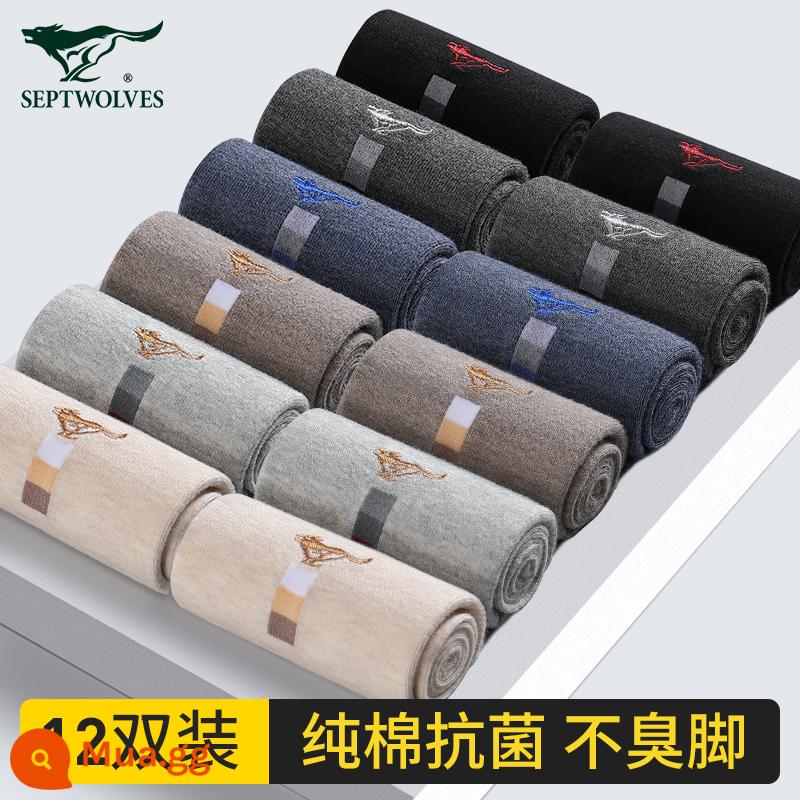 Vớ Septwolves vớ nam xuân thu cotton mỏng thấm hút mồ hôi khử mùi đen ống giữa vớ mùa đông - [Cotton nguyên chất 12 đôi kháng khuẩn và khử mùi] Loại kết hợp B