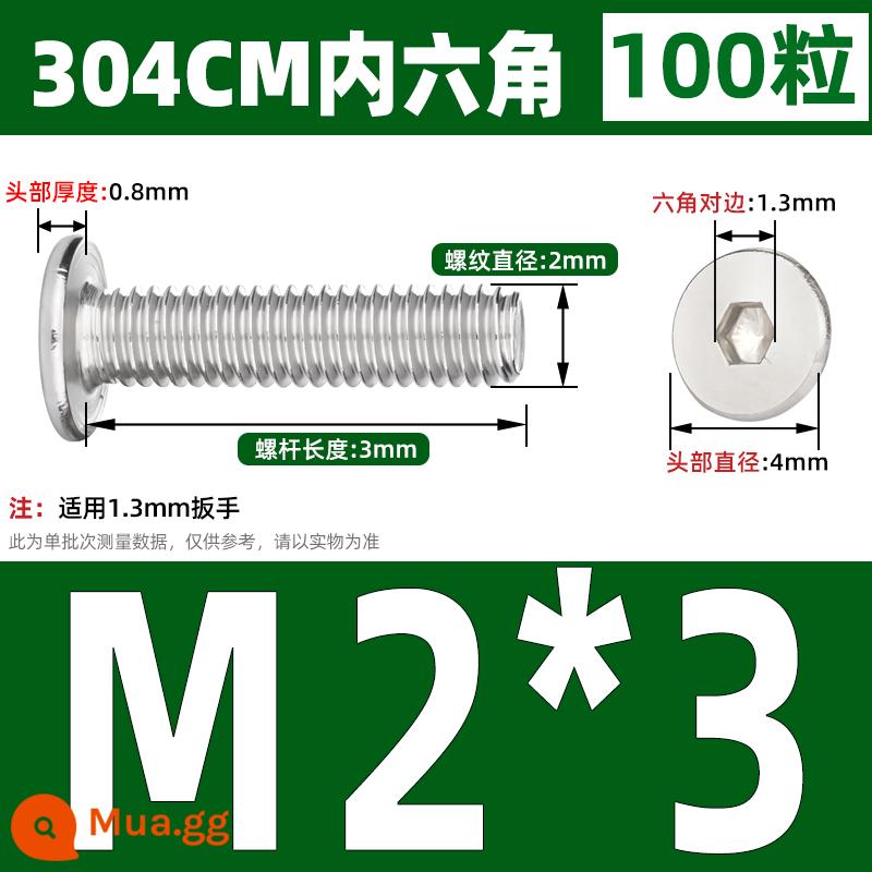 Thép không gỉ 304 CM đầu phẳng lớn đầu siêu mỏng đầu phẳng bên trong bu lông vít lục giác M2M3M4M5M6M8 - M2* 3 (100 cái)