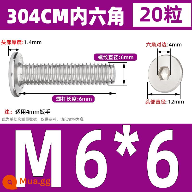 Thép không gỉ 304 CM đầu phẳng lớn đầu siêu mỏng đầu phẳng bên trong bu lông vít lục giác M2M3M4M5M6M8 - M6* 6 (20 cái)