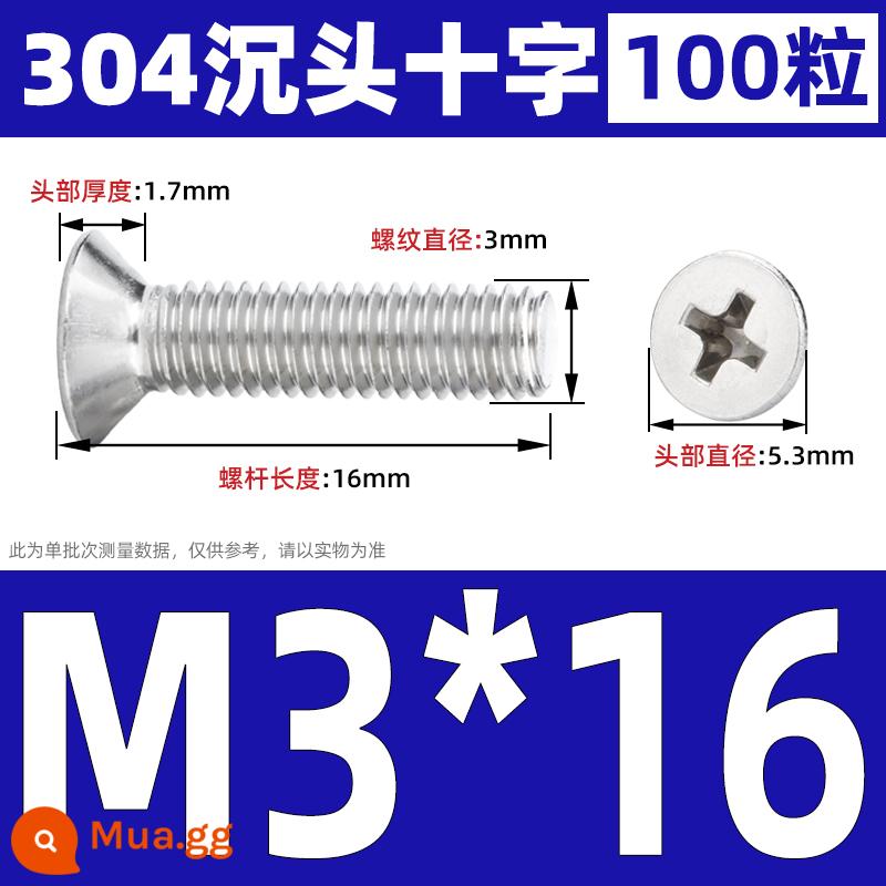 Vít đầu phẳng inox 304, vít máy chữ thập đầu chìm, bu lông đầu phẳng M2M3M4M5M6M8M10 - M3*16 (100 cái)