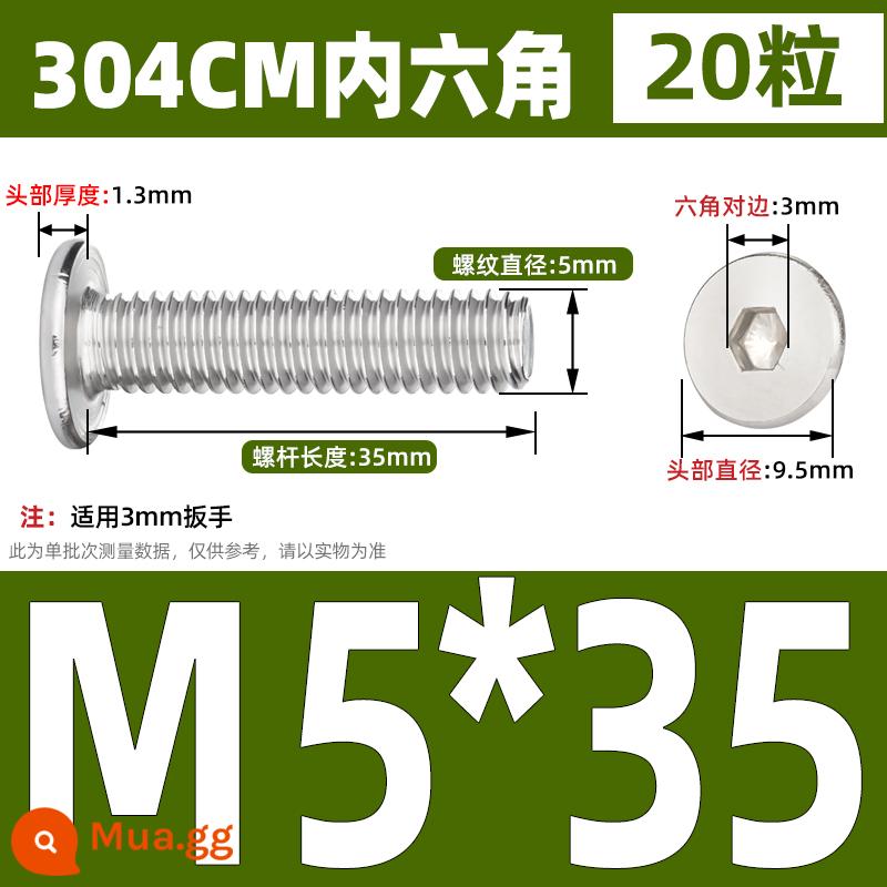 Thép không gỉ 304 CM đầu phẳng lớn đầu siêu mỏng đầu phẳng bên trong bu lông vít lục giác M2M3M4M5M6M8 - M5*35 (20 cái)