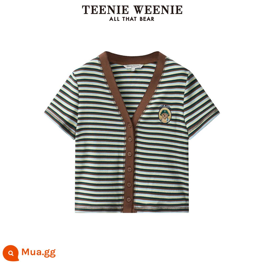 TeenieWeenie Bear 2023 mùa hè mới bó sát lớn cổ tròn ngắn tay cardigan nữ layering - B-nâu