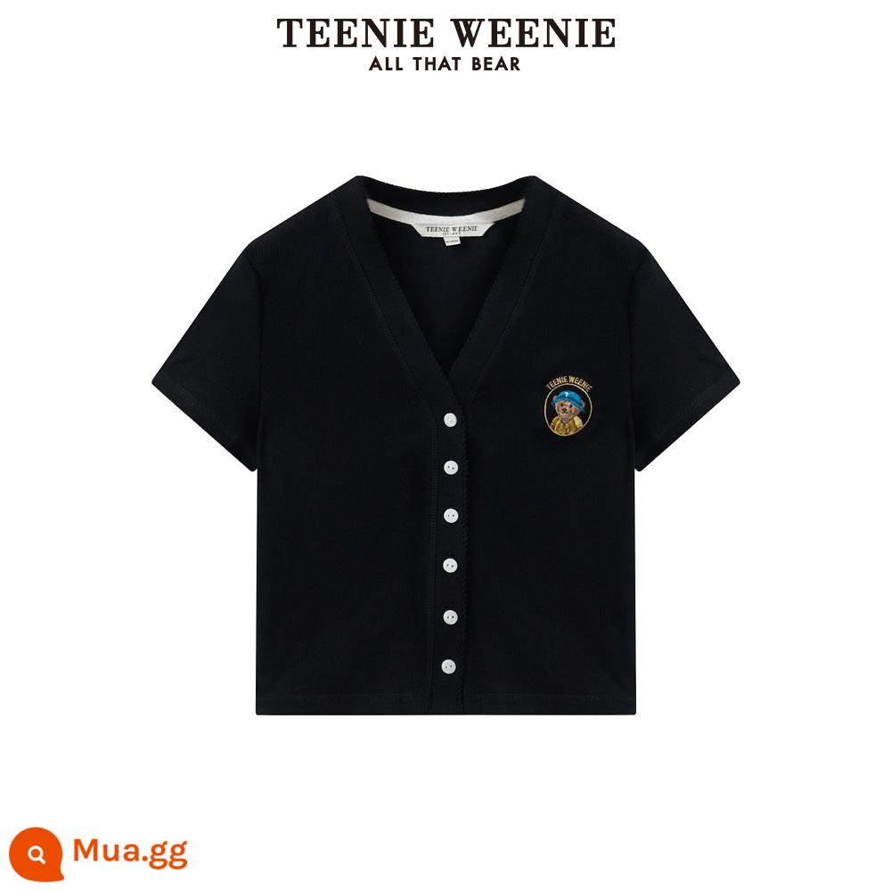 TeenieWeenie Bear 2023 mùa hè mới bó sát lớn cổ tròn ngắn tay cardigan nữ layering - B-đen