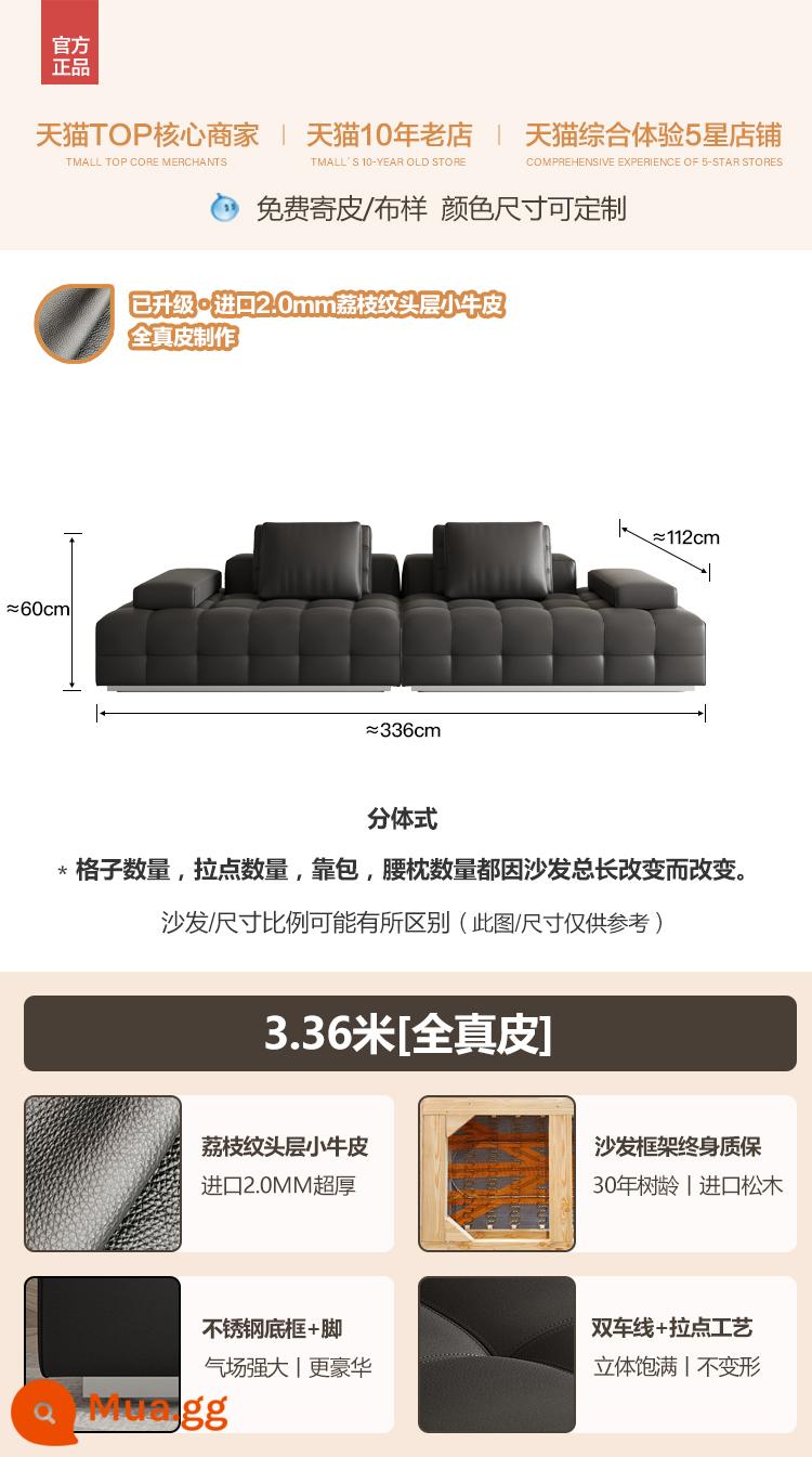 Ý tối giản ghế sofa da Lawrence phòng khách lớp đầu tiên thiết kế da bò lớn sofa mét vuông ghế sofa da nghệ thuật - 3,36 mét - Khung phần cứng [Da thật nguyên miếng dày 2,0MM da bê Ý loại S đính đá + lông tơ + mủ cao su đã giặt + túi ngồi xốp]