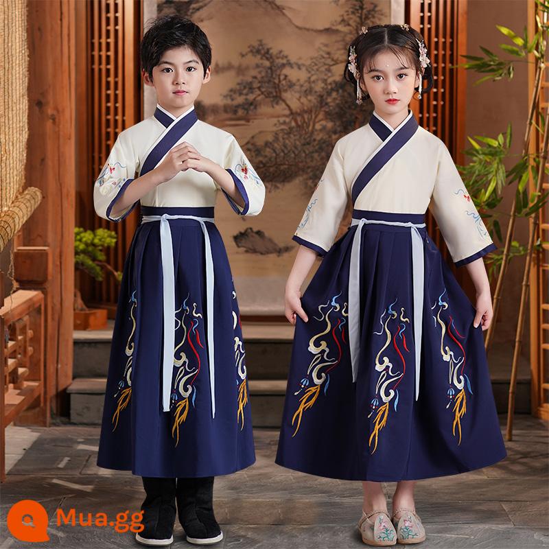 Hanfu trẻ em Sách phong cách Trung Quốc dành cho nam sinh Trường Quốc gia Quần áo trẻ em Trường tiểu học Trang phục cổ dài tay Trang phục nữ Sáu một - Tay áo ngắn màu xanh đậm tốt lành cho nam và nữ