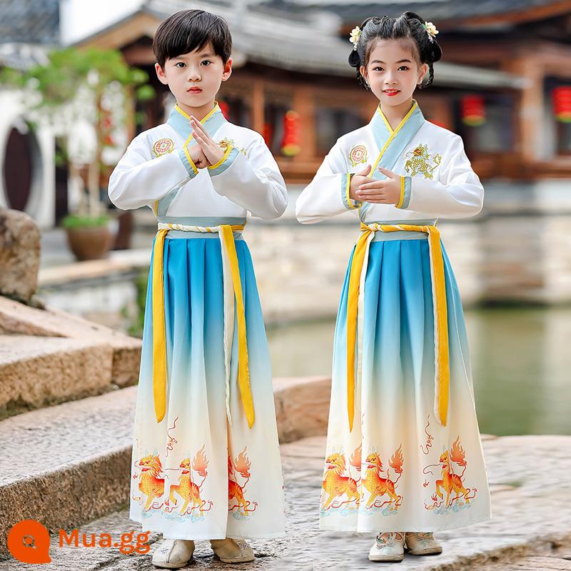 Hanfu trẻ em Sách phong cách Trung Quốc dành cho nam sinh Trường Quốc gia Quần áo trẻ em Trường tiểu học Trang phục cổ dài tay Trang phục nữ Sáu một - Kiểu dáng unisex tay thẳng của Kirin