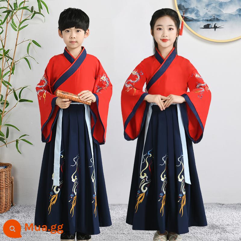 Hanfu trẻ em Sách phong cách Trung Quốc dành cho nam sinh Trường Quốc gia Quần áo trẻ em Trường tiểu học Trang phục cổ dài tay Trang phục nữ Sáu một - Tốt lành đỏ xanh đậm [nam và nữ giống nhau]