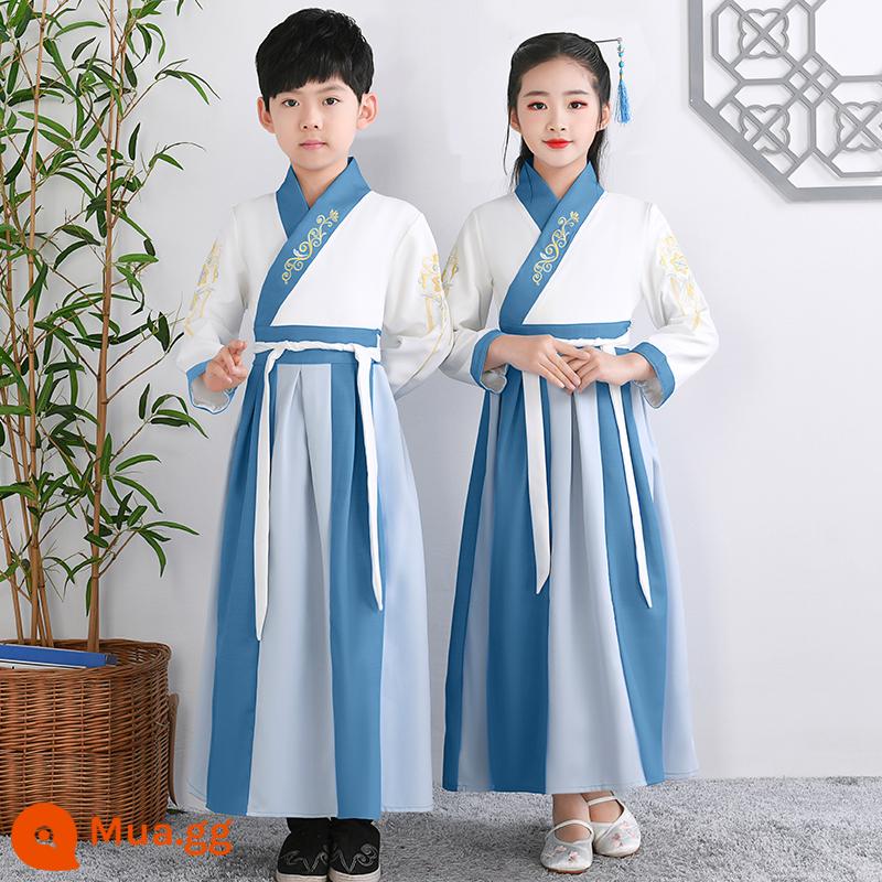 Hanfu trẻ em Sách phong cách Trung Quốc dành cho nam sinh Trường Quốc gia Quần áo trẻ em Trường tiểu học Trang phục cổ dài tay Trang phục nữ Sáu một - Tay áo thẳng khâu màu xanh hồ cho nam và nữ