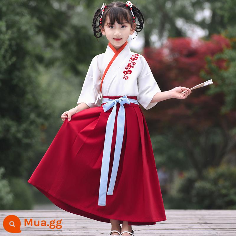 Hanfu trẻ em Sách phong cách Trung Quốc dành cho nam sinh Trường Quốc gia Quần áo trẻ em Trường tiểu học Trang phục cổ dài tay Trang phục nữ Sáu một - Áo tay ngắn nữ (áo + váy đỏ)