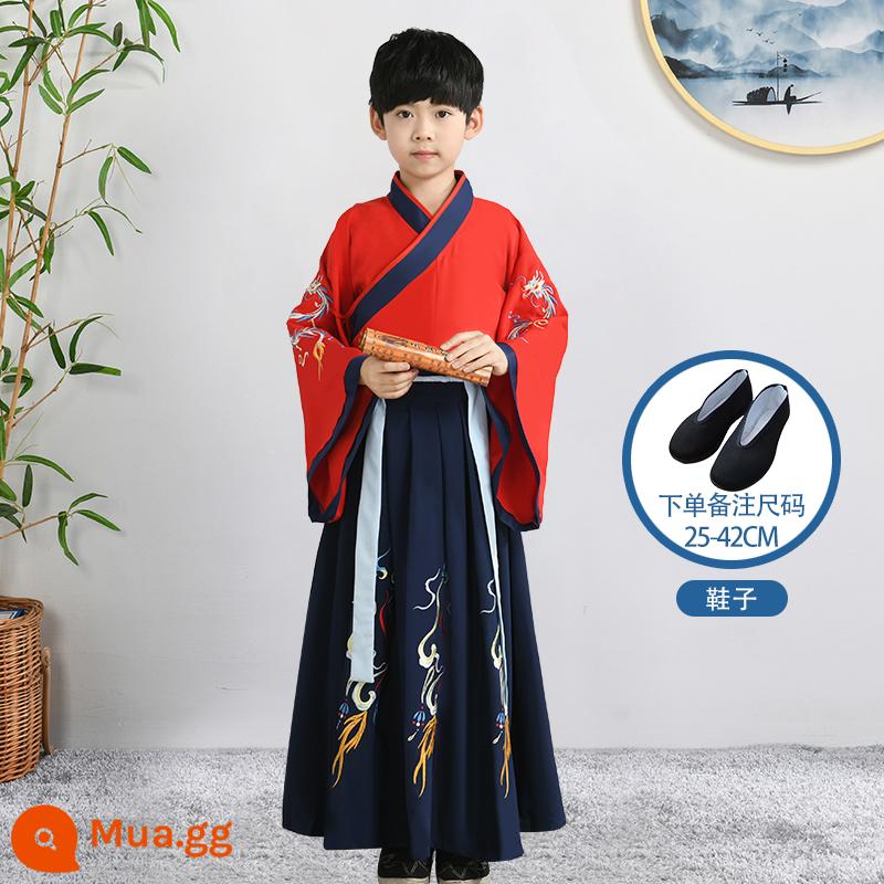 Hanfu trẻ em Sách phong cách Trung Quốc dành cho nam sinh Trường Quốc gia Quần áo trẻ em Trường tiểu học Trang phục cổ dài tay Trang phục nữ Sáu một - Phong cách nam màu xanh đậm màu đỏ tốt lành + giày đen