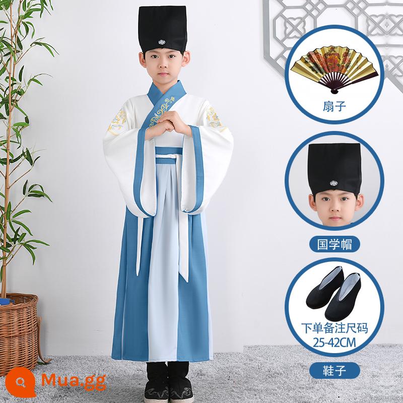 Hanfu trẻ em Sách phong cách Trung Quốc dành cho nam sinh Trường Quốc gia Quần áo trẻ em Trường tiểu học Trang phục cổ dài tay Trang phục nữ Sáu một - Hồ xanh tay rộng phong cách nam + mũ + quạt + giày vải đen