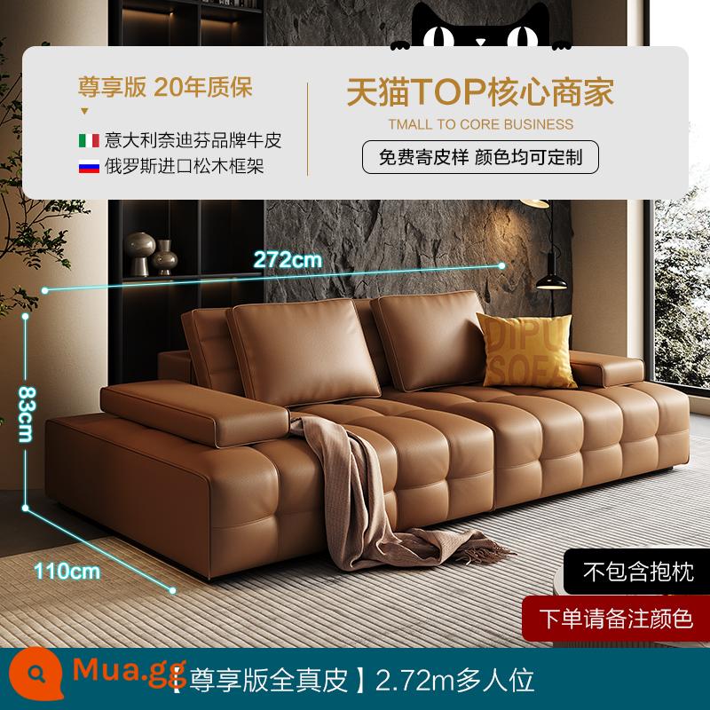 Deep Lawrence Ghế sofa hoàn toàn bằng da tối giản của Ý phòng khách biệt thự hiện đại sang trọng nhẹ nhàng hình vuông lớn bằng da bò lớp một - Da bò lớp thứ nhất 360 độ dày 1,8mm [Phiên bản độc quyền toàn bộ da thật màu nâu] Ghế ba người 2,72m