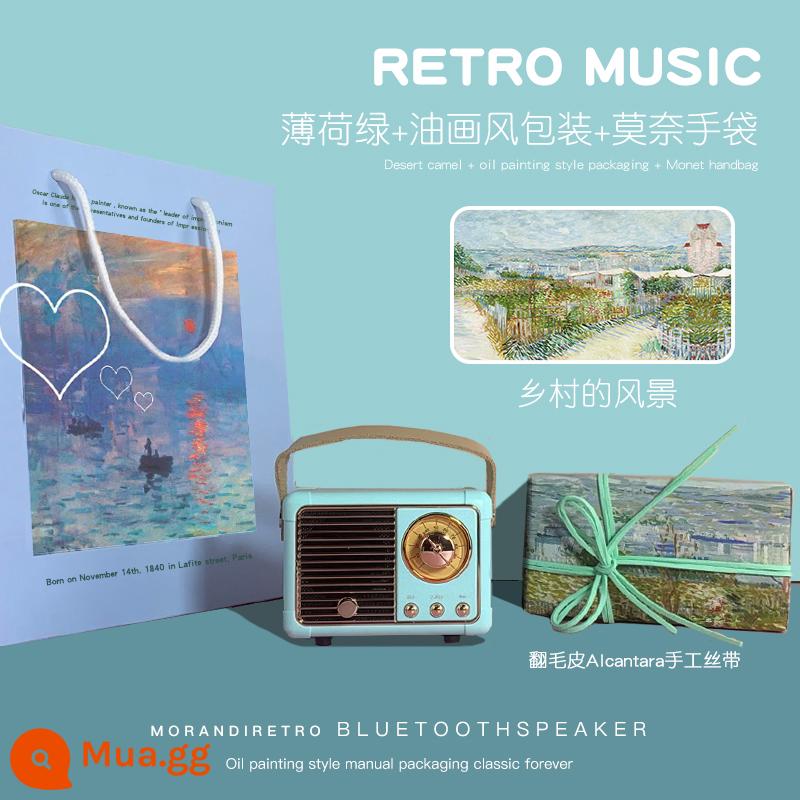 Retro Bluetooth Loa Bass Pháo binh nhỏ Âm thanh nhỏ không dây Chất lượng âm thanh cao cực kỳ thấp - Bao bì màu xanh bạc hà + sơn dầu, ruy băng da lộn, túi xách Monet