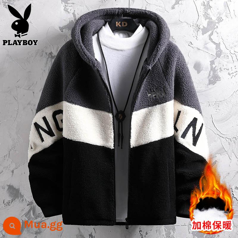 Playboy thịt cừu nhung bông áo khoác nam xu hướng mùa đông lỏng lẻo cộng với nhung dày có mũ trùm đầu màu bông áo khoác nam - A06 xám [bông thêm]