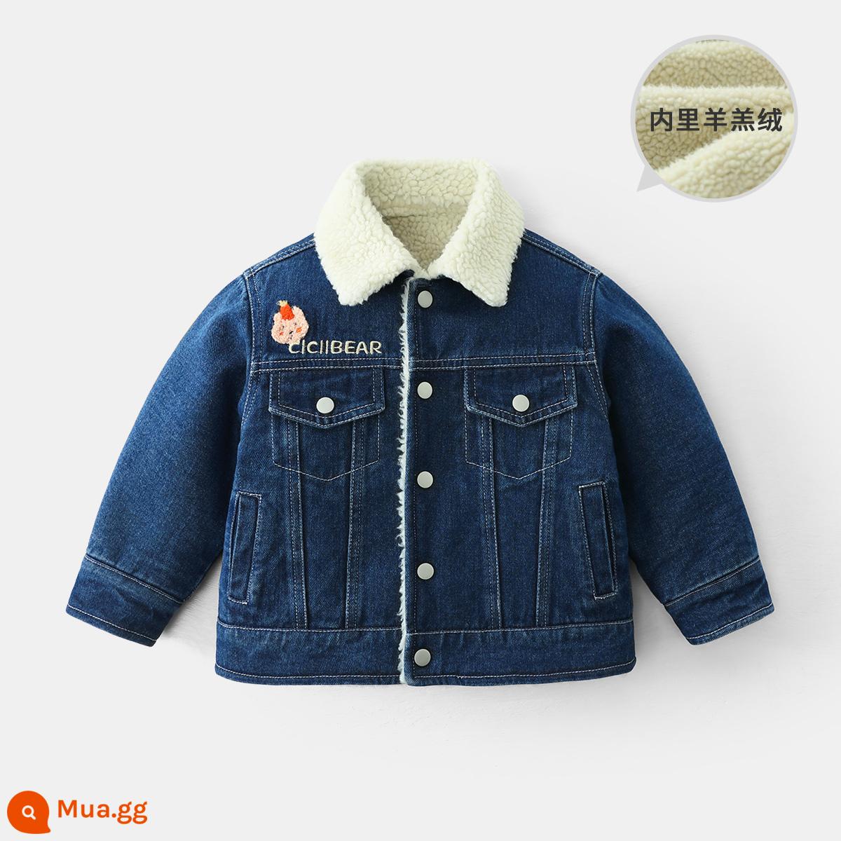 Qiqi Xiong Bé Plus Nỉ Áo Khoác Denim Trẻ Em Thịt Cừu Len Cotton Áo Khoác Mùa Đông Dày Ấm Bé Trai Áo Khoác Cotton - Màu xanh denim