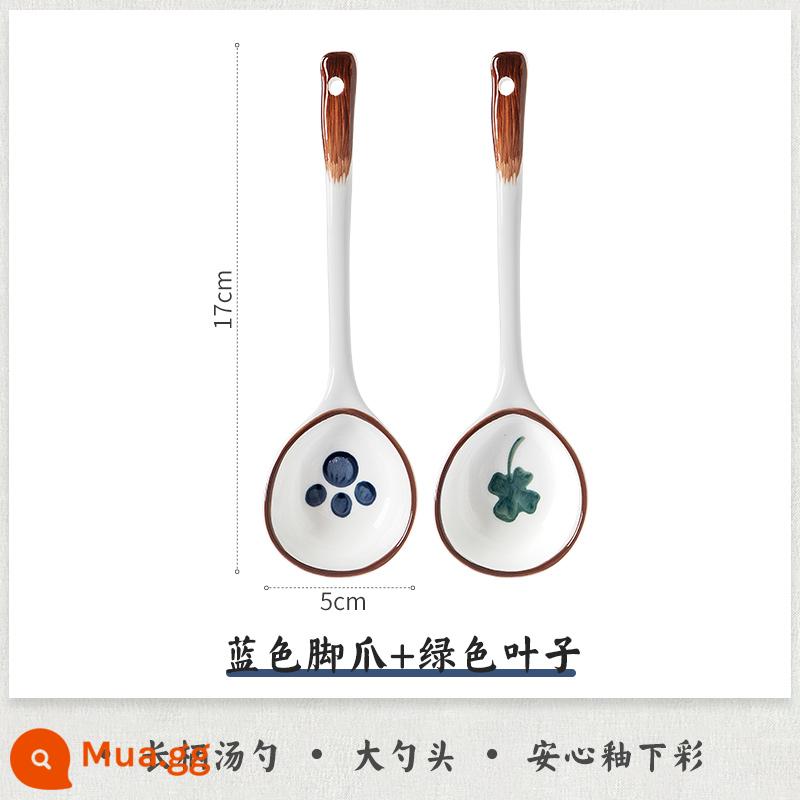 Thìa gốm sứ thìa cơm Nhật Bản hoạt hình dễ thương Ins thìa hộ gia đình underglaze màu bộ đồ ăn tay cầm dài Plus thìa lớn thìa - Bàn chân xanh + lá xanh