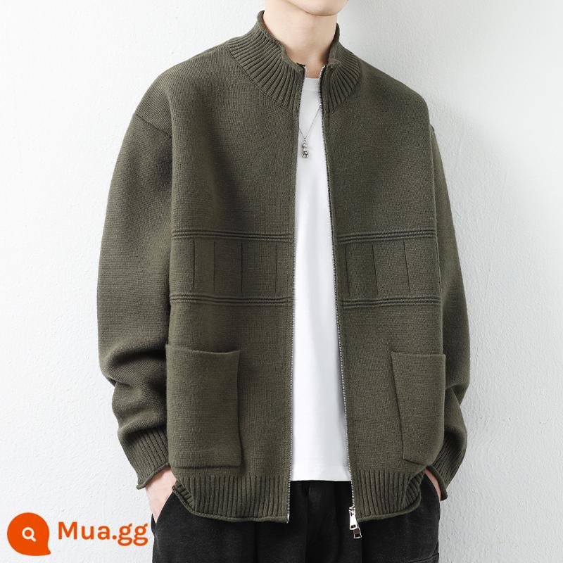 Áo khoác cardigan dệt kim cổ đứng dành cho nam mùa xuân thu áo khoác dáng rộng thương hiệu thời trang dành cho nam với trang phục vệ sinh mùa xuân cao cấp - YJ6027 xám xanh