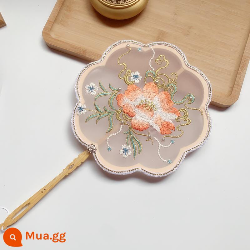 Phong cách cổ xưa tay cầm dài nhóm quạt múa quạt múa chụp đạo cụ Hanfu cung điện quạt cầm tay gãy mây quạt thành phẩm quạt thủ công - Mẫu đơn thêu [Hoa thu hải đường tám cánh]