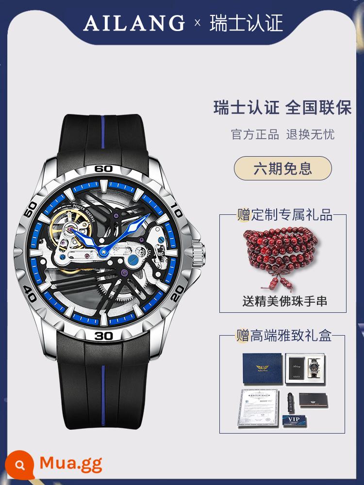 Đồng Hồ Chính Hãng Thụy Sĩ Tourbillon Rỗng Nam Siêu Mỏng 2023 Đồng Hồ Cơ Tự Động Mới Đồng Hồ Nam Công Nghệ Đen - Băng silicon_Vòng tròn màu xanh vỏ bạc (bộ máy rỗng mới đi kèm dây đeo bằng da tùy chỉnh)