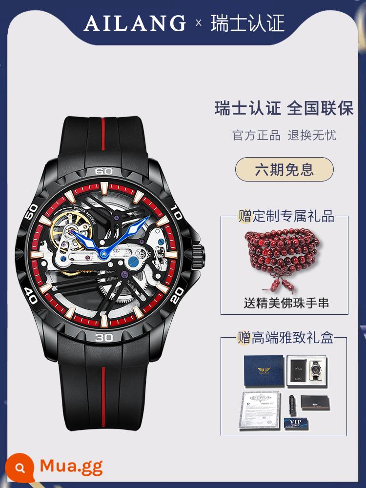 Đồng Hồ Chính Hãng Thụy Sĩ Tourbillon Rỗng Nam Siêu Mỏng 2023 Đồng Hồ Cơ Tự Động Mới Đồng Hồ Nam Công Nghệ Đen - Băng silicon_Vỏ đen có vòng tròn màu đỏ (bộ chuyển động rỗng mới đi kèm dây đeo bằng da tùy chỉnh)