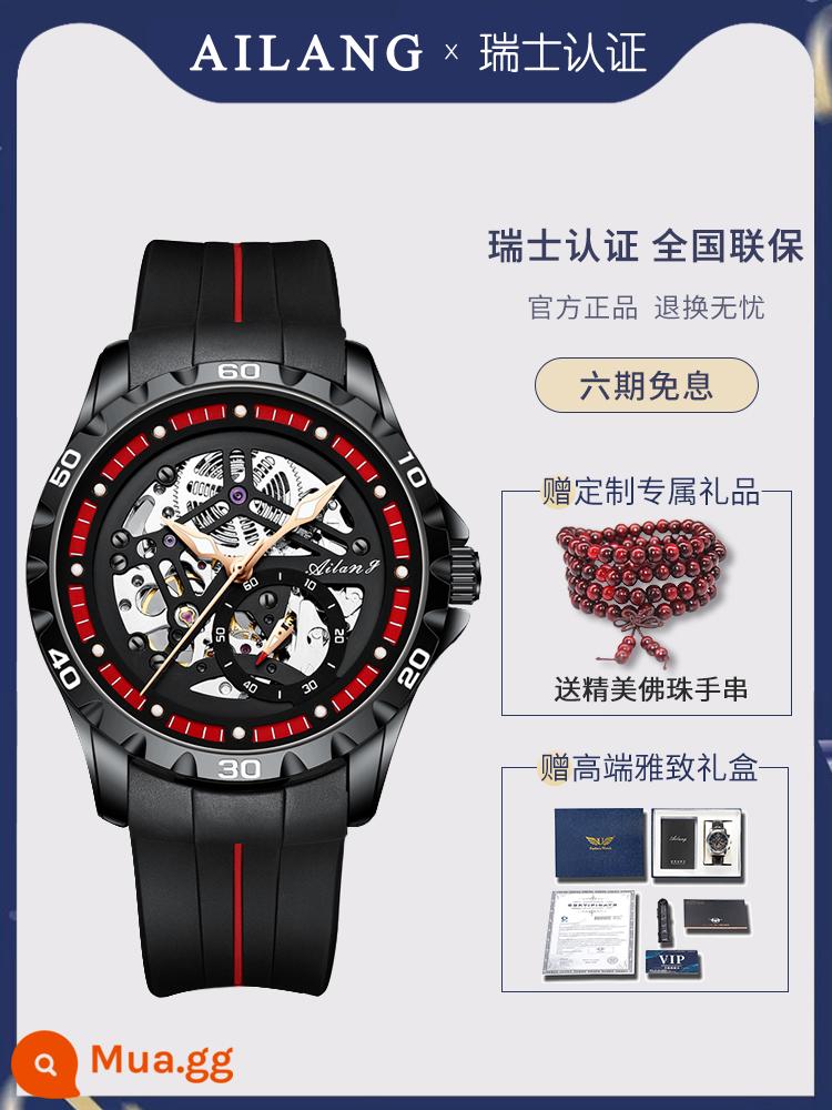 Đồng Hồ Chính Hãng Thụy Sĩ Tourbillon Rỗng Nam Siêu Mỏng 2023 Đồng Hồ Cơ Tự Động Mới Đồng Hồ Nam Công Nghệ Đen - Băng silicon hình tròn màu đỏ vỏ đen (bộ chuyển động rỗng mới đi kèm với dây đeo bằng da tùy chỉnh)