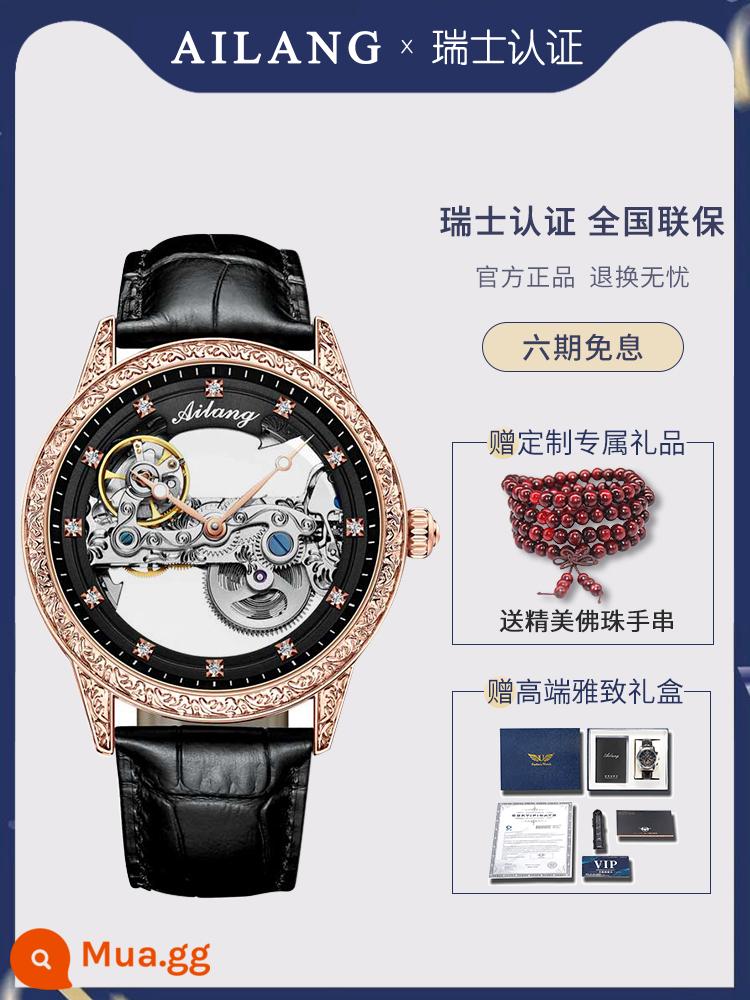 Đồng Hồ Chính Hãng Thụy Sĩ Tourbillon Rỗng Nam Siêu Mỏng 2023 Đồng Hồ Cơ Tự Động Mới Đồng Hồ Nam Công Nghệ Đen - Thắt lưng hình tròn màu đen vỏ hoa hồng (phiên bản nâng cấp của bộ chuyển động rỗng dập nổi, dây đeo bằng da tùy chỉnh miễn phí)