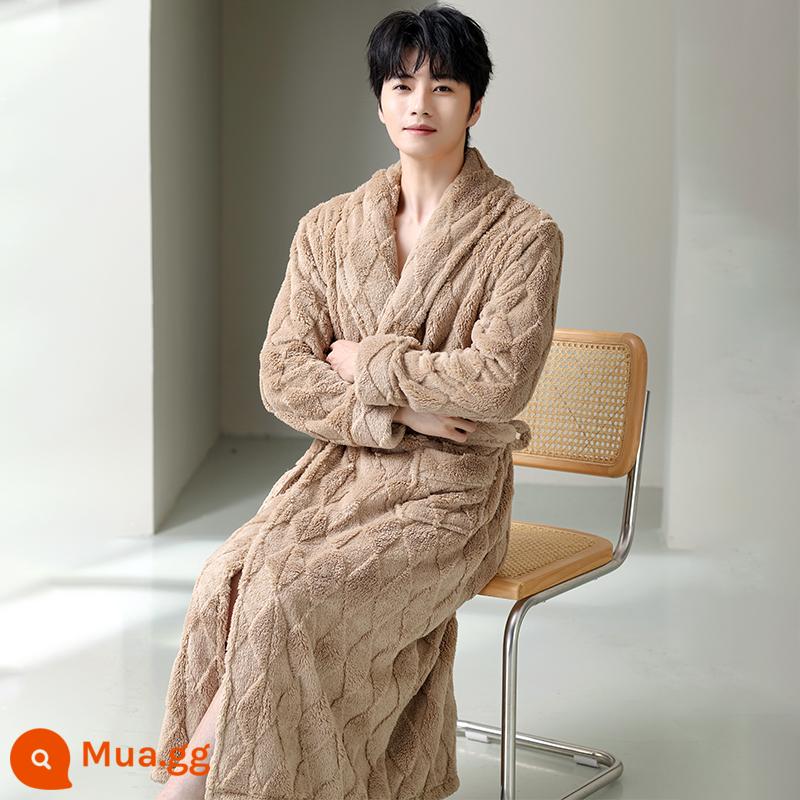 Váy ngủ pyjama mùa đông nữ áo choàng tắm flannel dày mùa xuân và mùa thu cộng với nhung kéo dài cặp đôi nam áo choàng tắm lông cừu san hô - LY-7703 màu nâu vàng