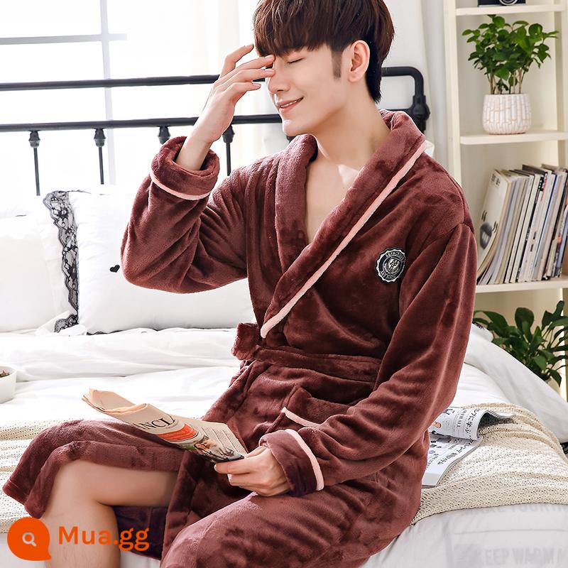 Váy ngủ pyjama mùa đông nữ áo choàng tắm flannel dày mùa xuân và mùa thu cộng với nhung kéo dài cặp đôi nam áo choàng tắm lông cừu san hô - Mô hình dát màu nâu cà phê