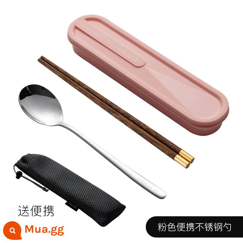 Onlycook Di Động Bộ Đồ Ăn Đũa Gỗ Bộ Muỗng Bộ Đồ Ăn Sinh Viên Đũa Đơn Thìa 2 Hộp Bảo Quản - Bộ đũa và thìa màu hồng cầm tay/thìa inox màu cơ bản