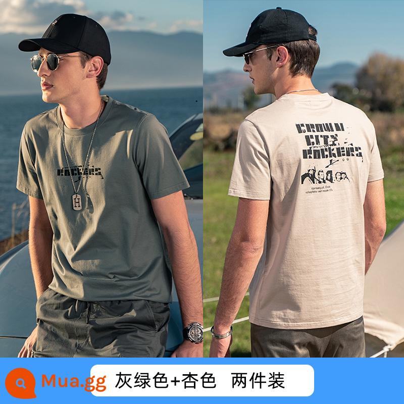 Yingjunlun cotton nam ngắn tay T-shirt thủy triều xu hướng thương hiệu nửa tay chạm đáy áo sơ mi chữ T-shirt quần áo mùa hè cao cấp - Xanh xám + mơ (2 cái)