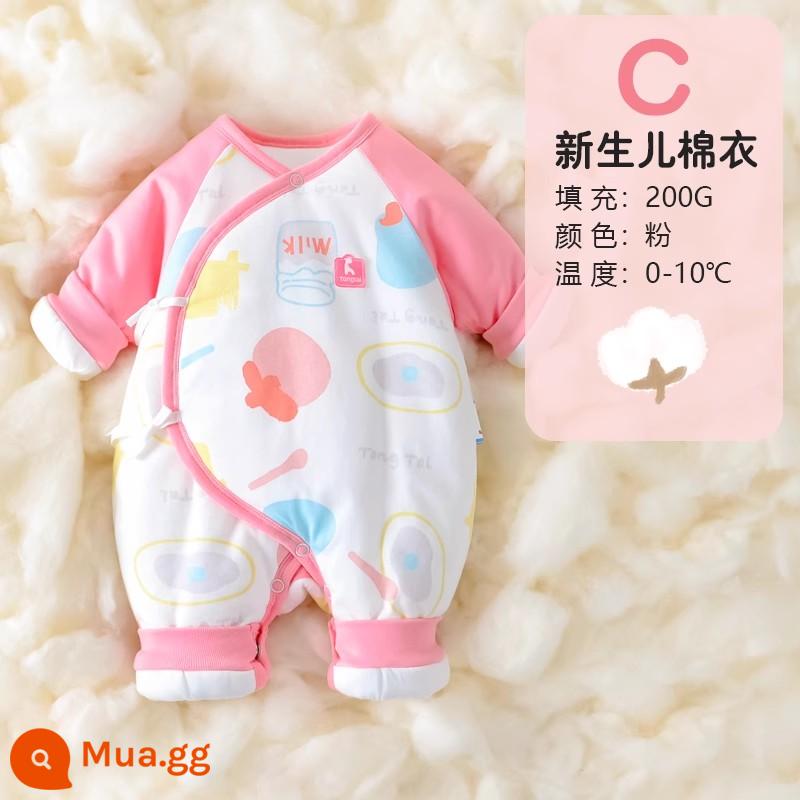 Tongtai sơ sinh quần áo cotton nguyên chất bé sơ sinh dày ấm Jumpsuit bé nhà sư quần áo mùa thu đông - C-Pink (áo cotton dày 200G)