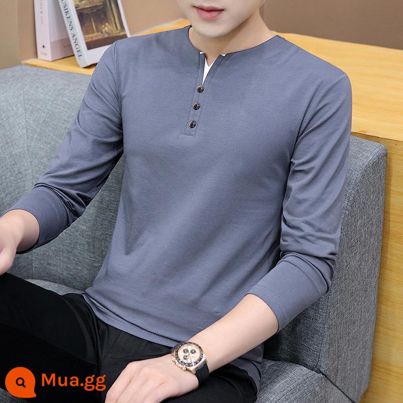 Nam Cực dài -Sleeved t -shirt Mùa xuân và mùa thu 2022 New V -neck Tide Brand Versatile bottom Shirt - 126 màu xám đậm