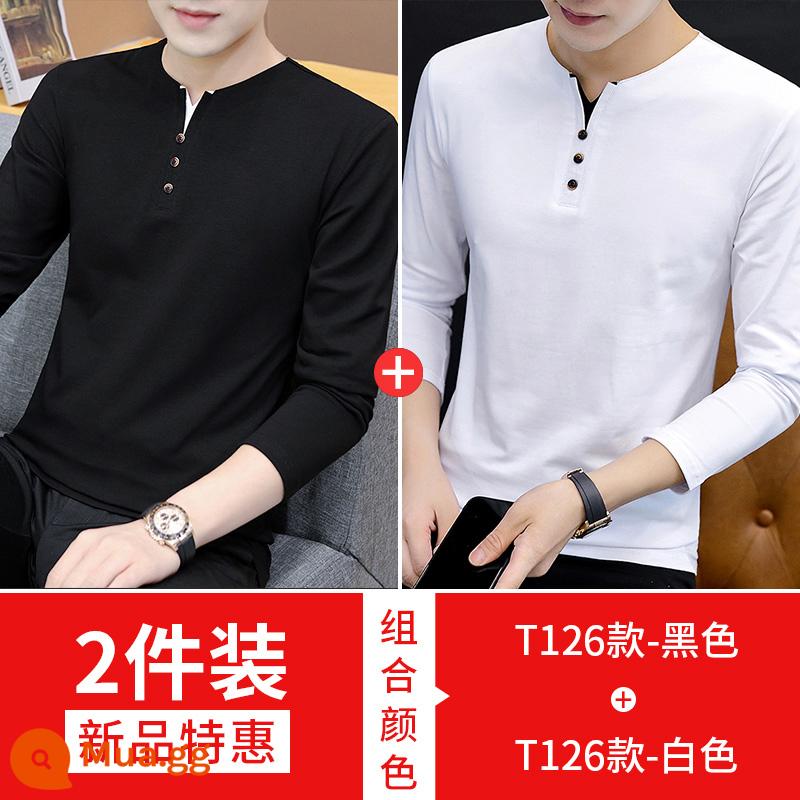 Nam Cực dài -Sleeved t -shirt Mùa xuân và mùa thu 2022 New V -neck Tide Brand Versatile bottom Shirt - 126 đen + 126 trắng