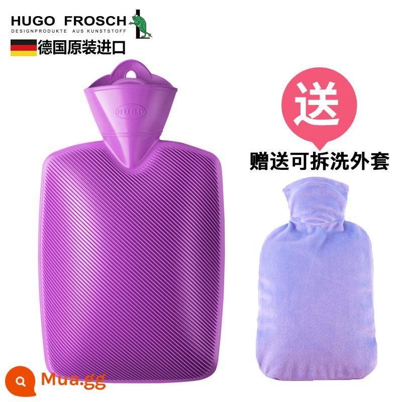 Đức nhập khẩu túi nước nóng xả dày chống cháy nổ HUGO Frosch túi nước nóng lớn chứa đầy nước - 1.8L kẻ sọc chéo tím (tặng kèm áo khoác)