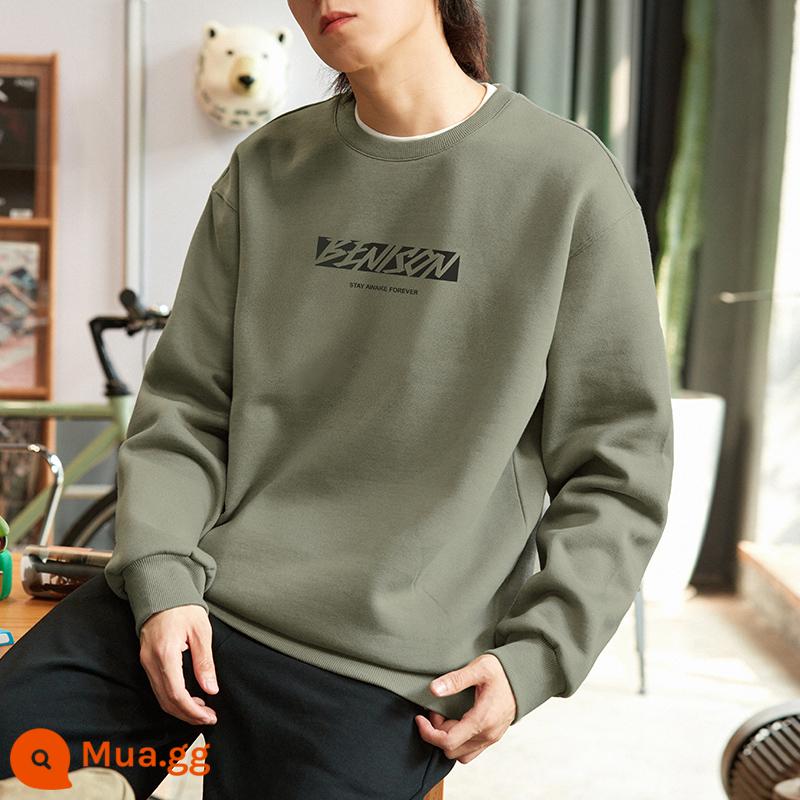 Tangshi 2024 mùa xuân, mùa thu và mùa đông mới áo nhung nam áo hoodie thanh niên Mỹ áo khoác thương hiệu thời trang hàng đầu - Trà xám xanh cổ tròn/nhung