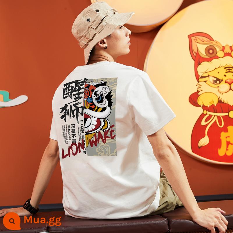 Tang Lion 2023 mùa hè mới áo thun cotton ngắn tay nam họa tiết phong cách dân tộc hợp thời trang rộng rãi quần áo phù hợp với áo sơ mi có đáy - Loại B/trắng