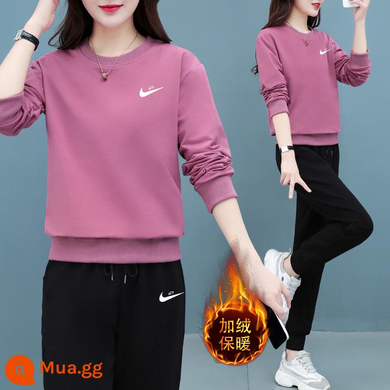 Trang web chính thức quầy thương hiệu bộ quần áo thể thao cotton thường ngày chính hãng cho nữ mùa xuân và mùa thu 2023 bộ hai mảnh chữ T cotton dày mới - Màu sen cộng nhung WLF9101