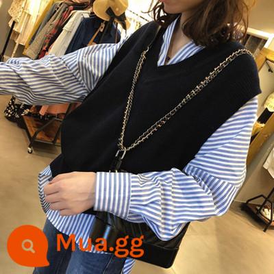 100% cashmere vest nữ dáng rộng cổ chữ V ấm áp không tay size lớn len vest áo len dệt kim áo khoác ngoài mùa thu đông - đen