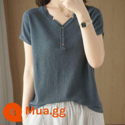 Áo thun cotton và vải lanh nữ ngắn tay dệt kim màu trơn cổ chữ V mới cho nữ áo phông nửa tay phiên bản Hàn Quốc có đáy mùa hè - xám